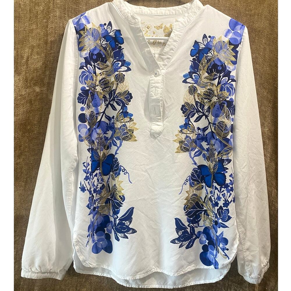 Desigual White Blue Floral Blouse Gold Accent Boho Top Women’s US Small EUR Med - Picture 2 of 9